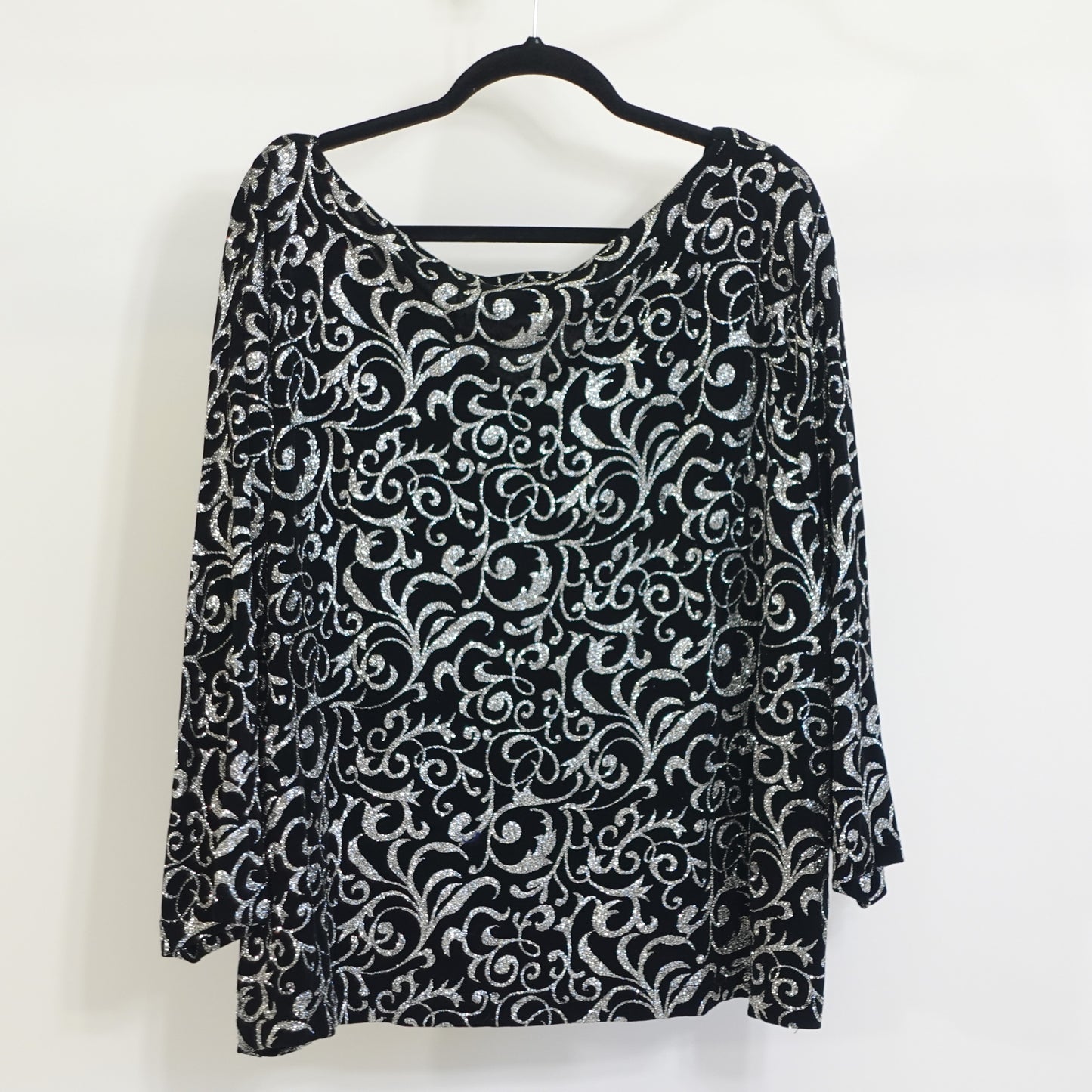 Vintage Black Top with Silver Glitter Filigree Pattern