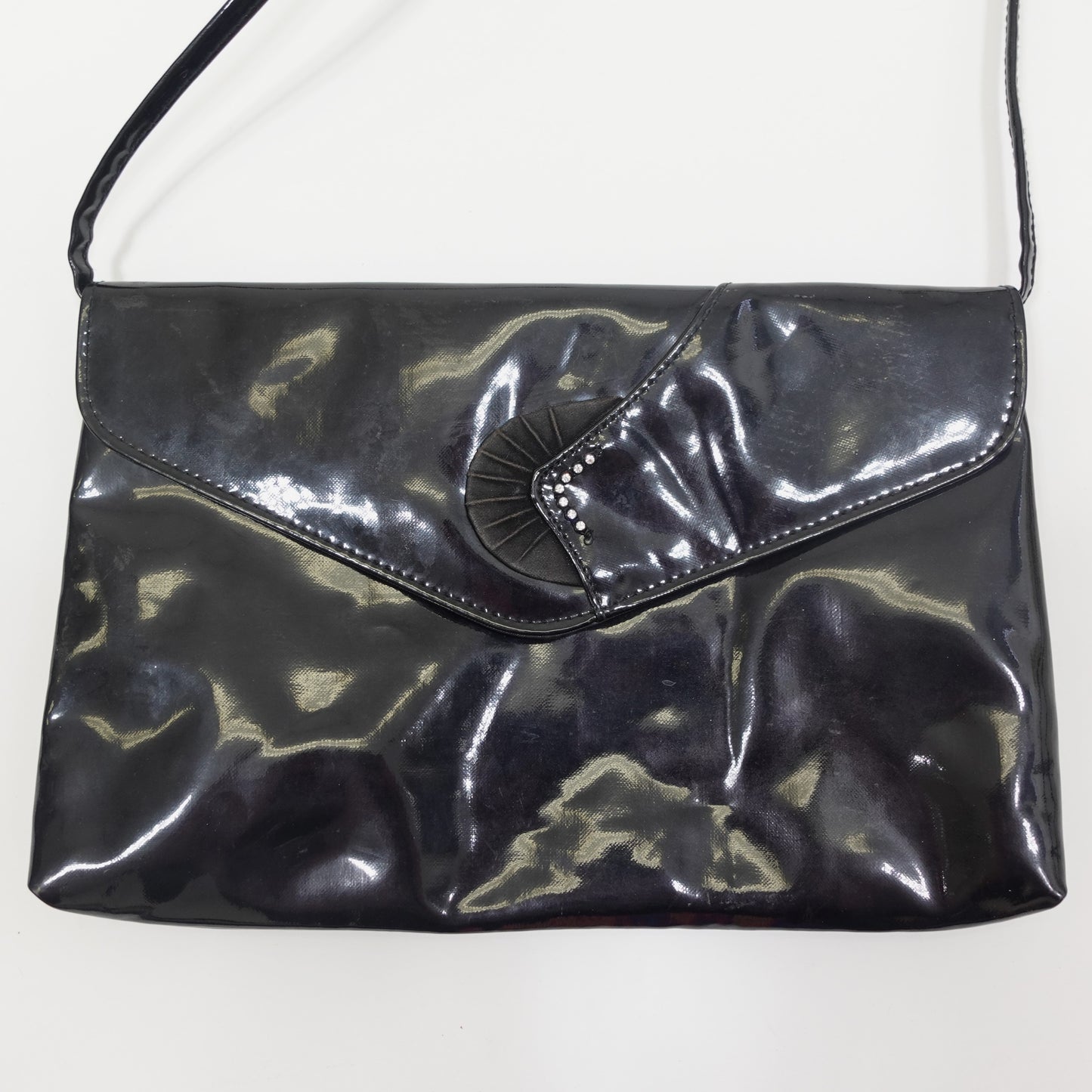 Vintage Patent Leather Envelope Shoulder Bag with Rhinestone Detail