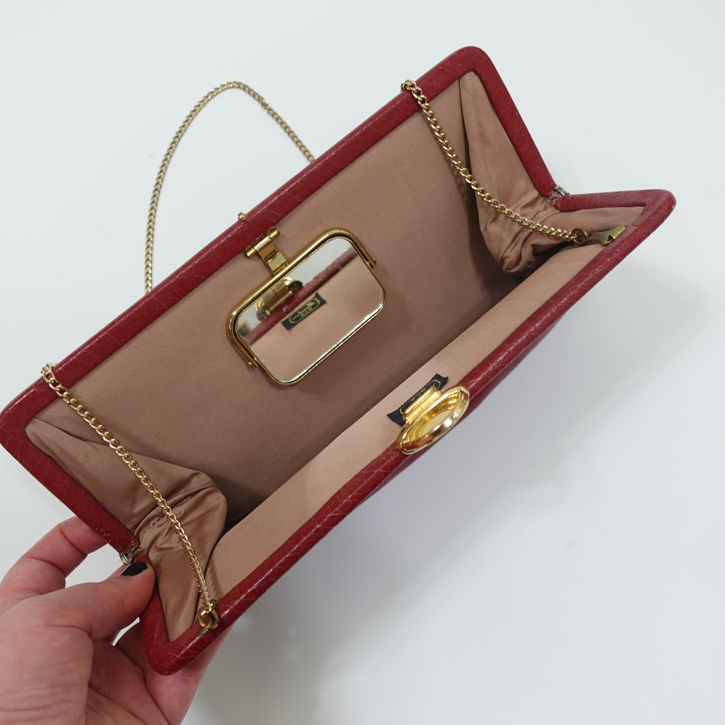 Vintage Red Frame Bag with Gold Hardware and Compact Mirror