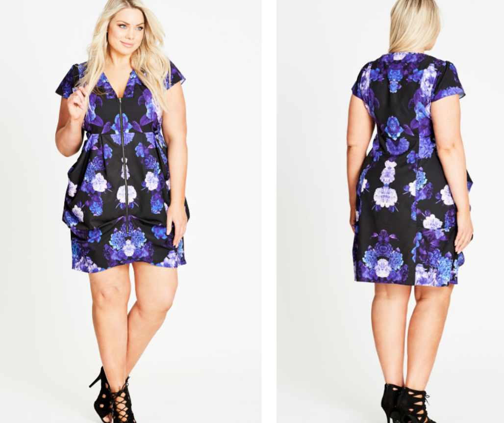 Purple and Black Floral Zip Front Dress