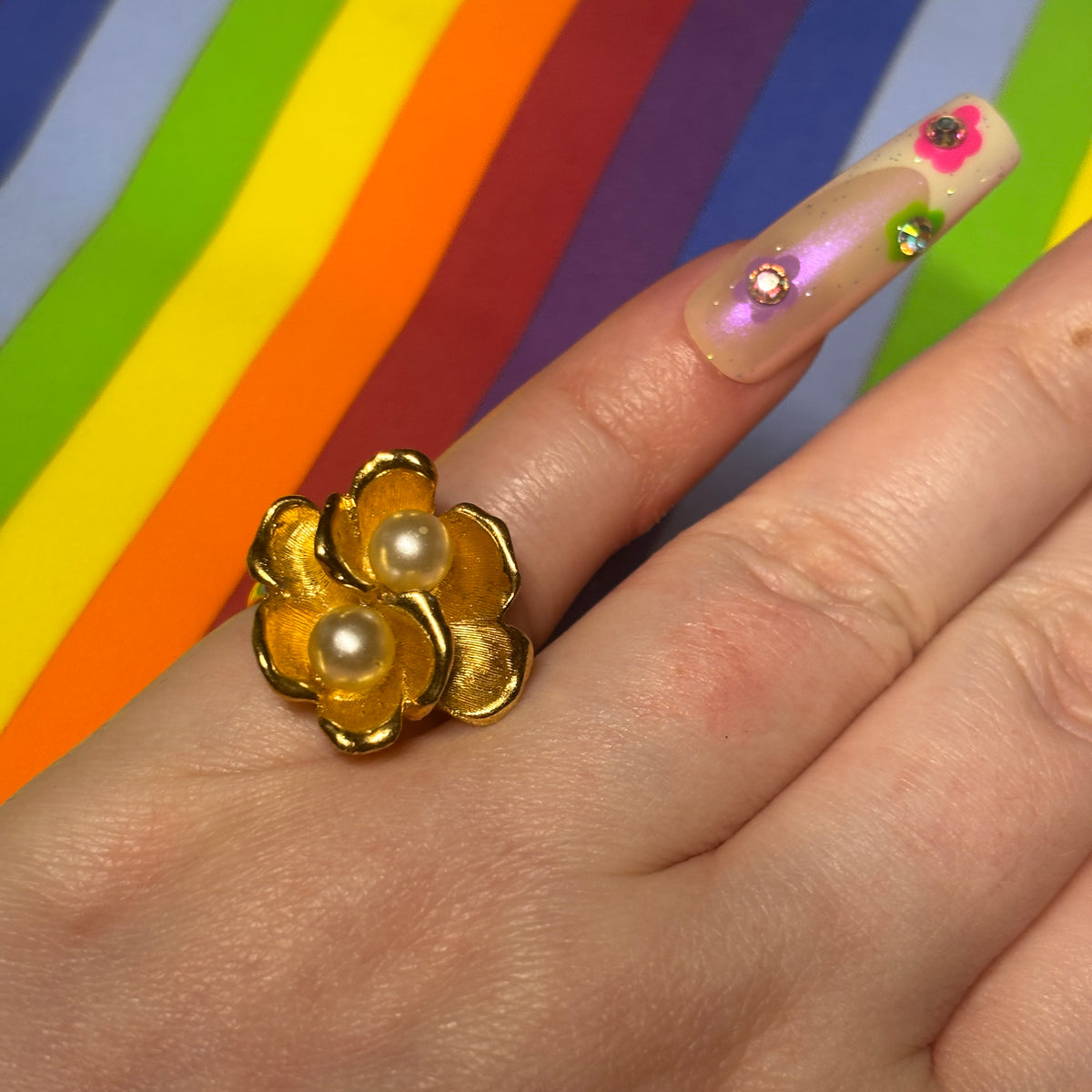 Gold Pearl Flower Ring