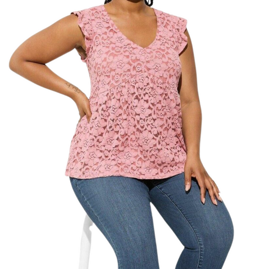 Torrid Pink Lace Overlay Top with Flutter Sleeves NWT