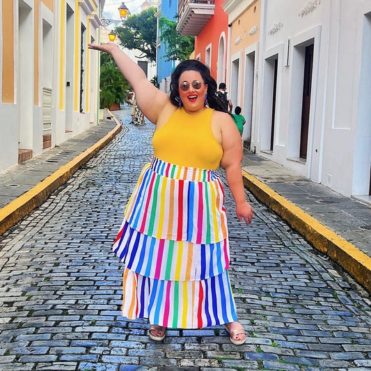 Rainbow and White Striped Tiered Ruffle Ankle Skirt