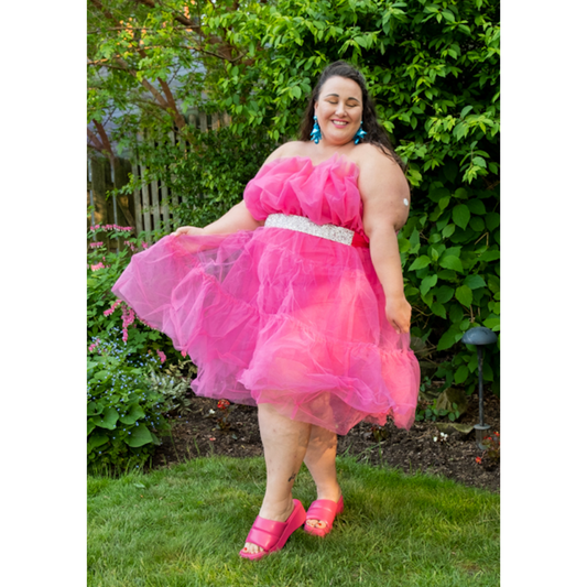 Poofy Pink Tiered Ruffle Strapless Party Dress with Rhinestone Belt NWT