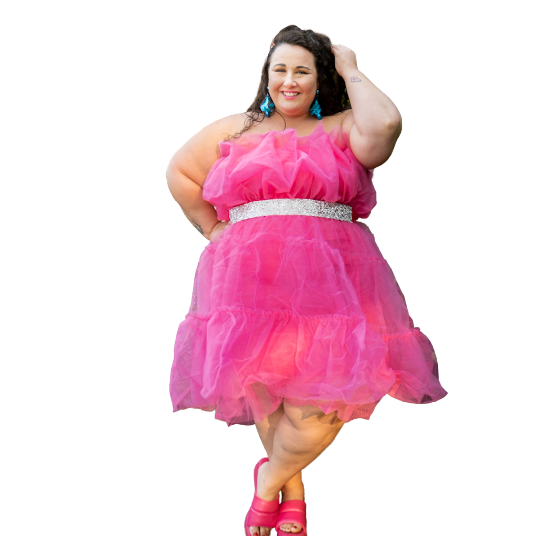 Poofy Pink Tiered Ruffle Strapless Party Dress with Rhinestone Belt NWT