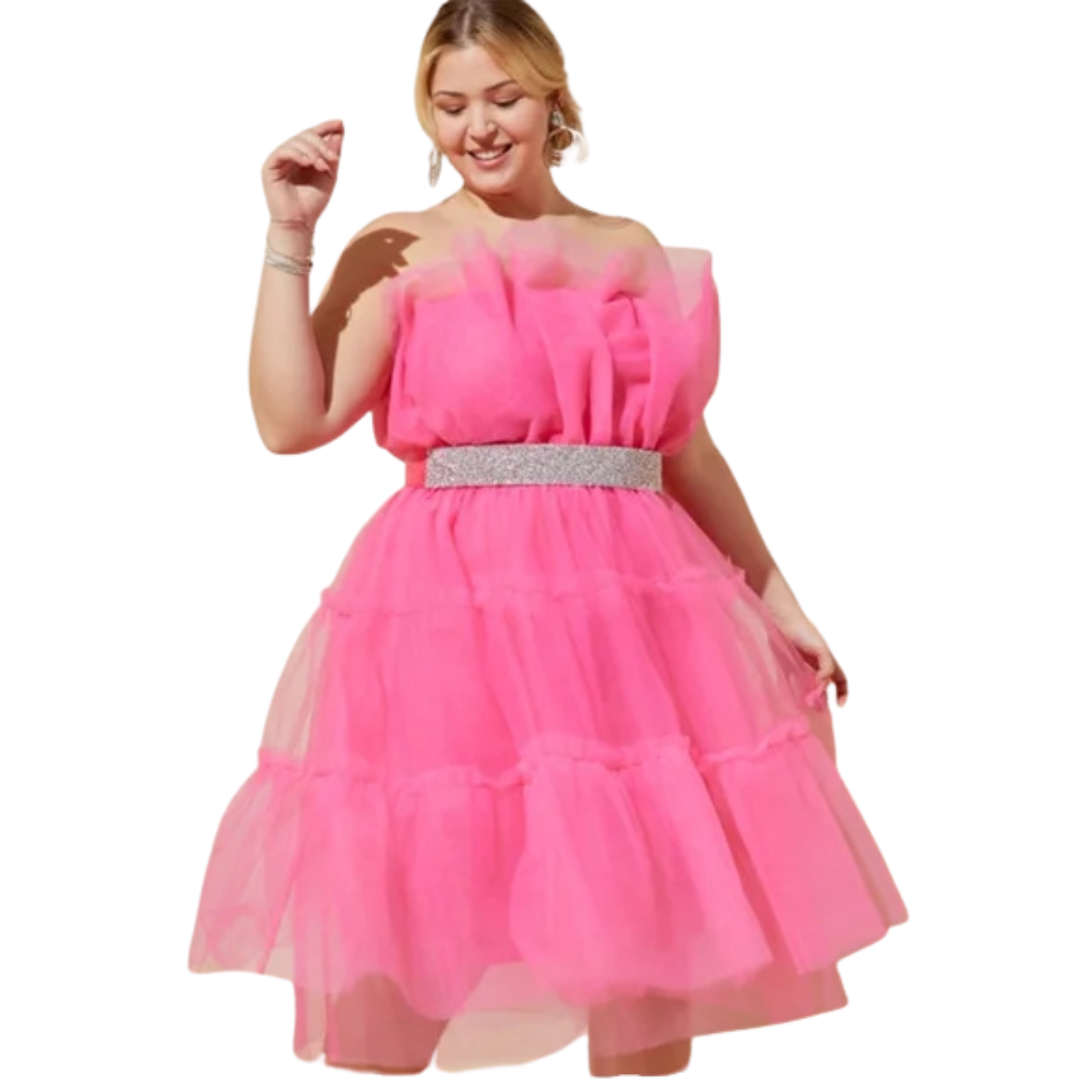 Poofy Pink Tiered Ruffle Strapless Party Dress with Rhinestone Belt NWT