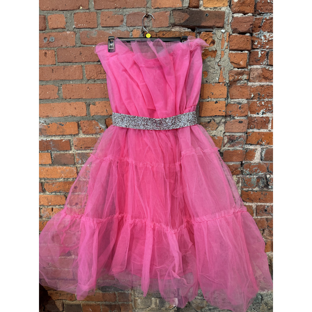 Poofy Pink Tiered Ruffle Strapless Party Dress with Rhinestone Belt NWT