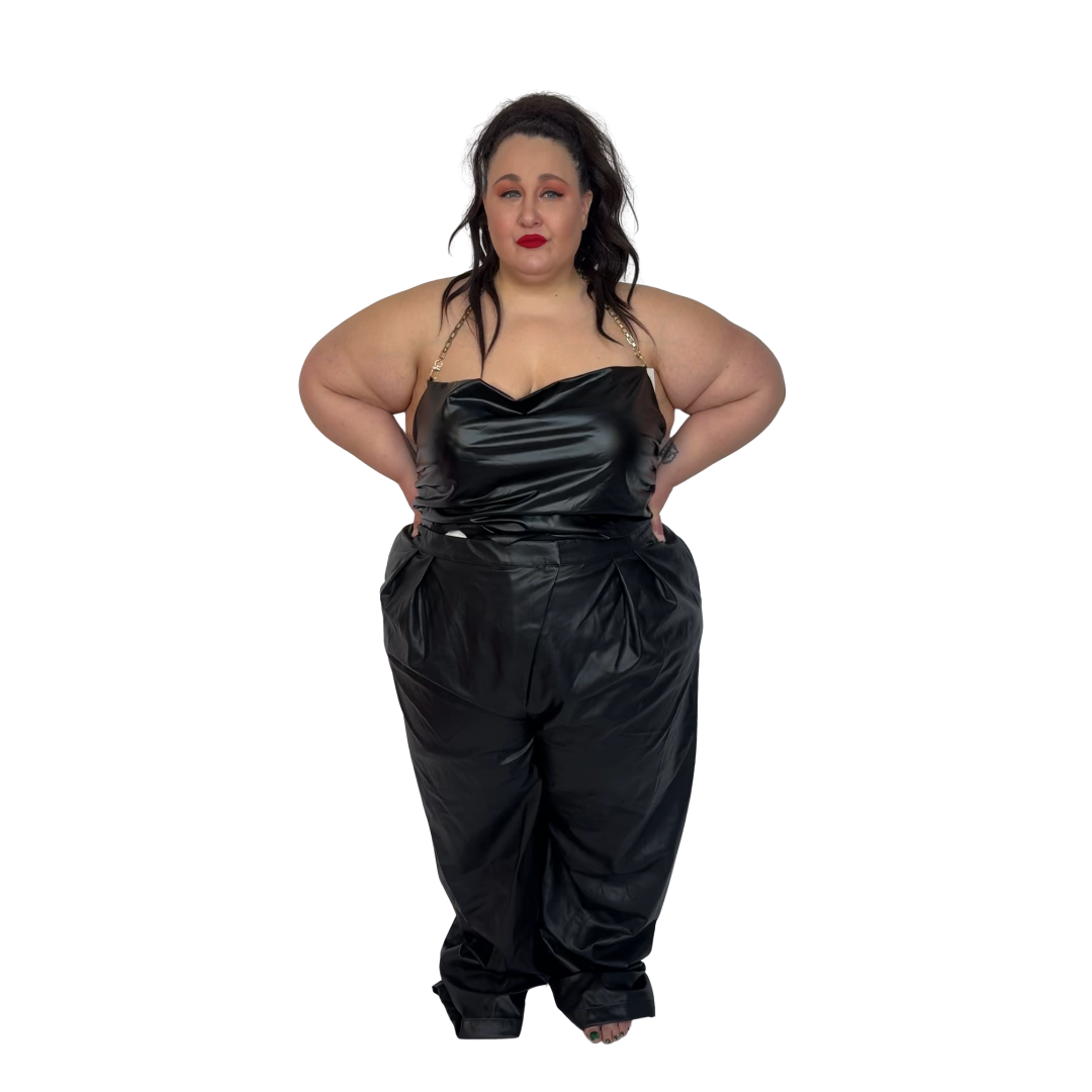 Black Faux Leather Tie Back Halter Top with Chain Detail