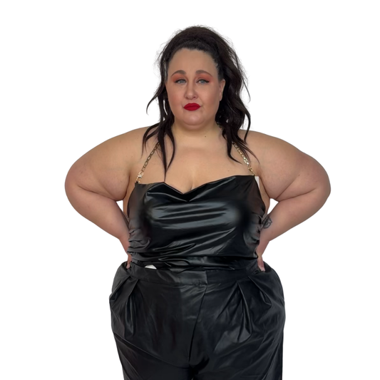 Black Faux Leather Tie Back Halter Top with Chain Detail