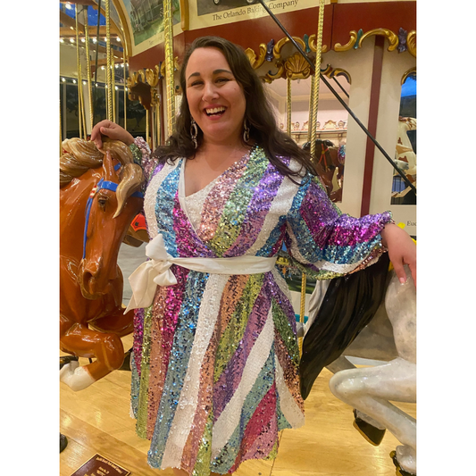 Eloquii White and Rainbow Stripe Sequin Faux Wrap Dress