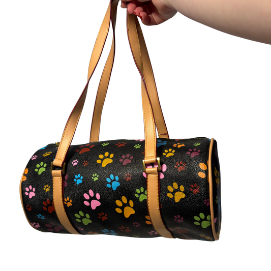 Black Y2K Dooney & Bourke Style Faux Leather Paw Print Barrel Bag