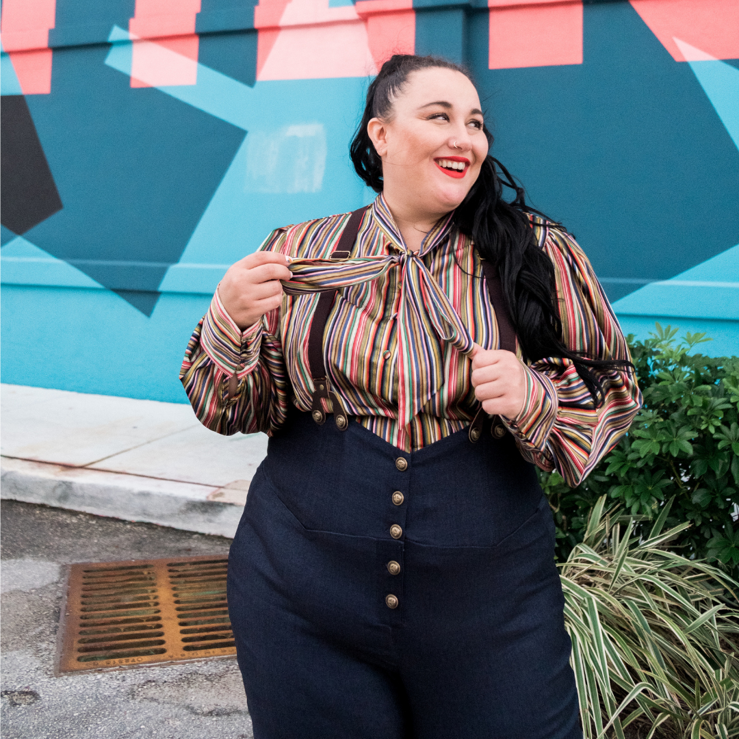 Unique Vintage Earth Tone Striped Long Sleeve Button Down Pussybow Blouse