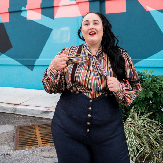 Unique Vintage Earth Tone Striped Long Sleeve Button Down Pussybow Blouse