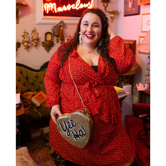 Red and White Polka Dot Faux Wrap Dress