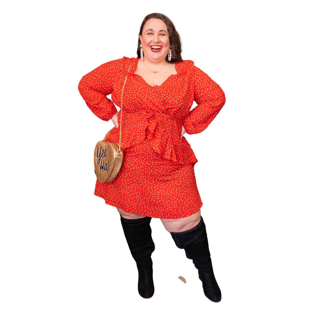 Red and White Polka Dot Faux Wrap Dress