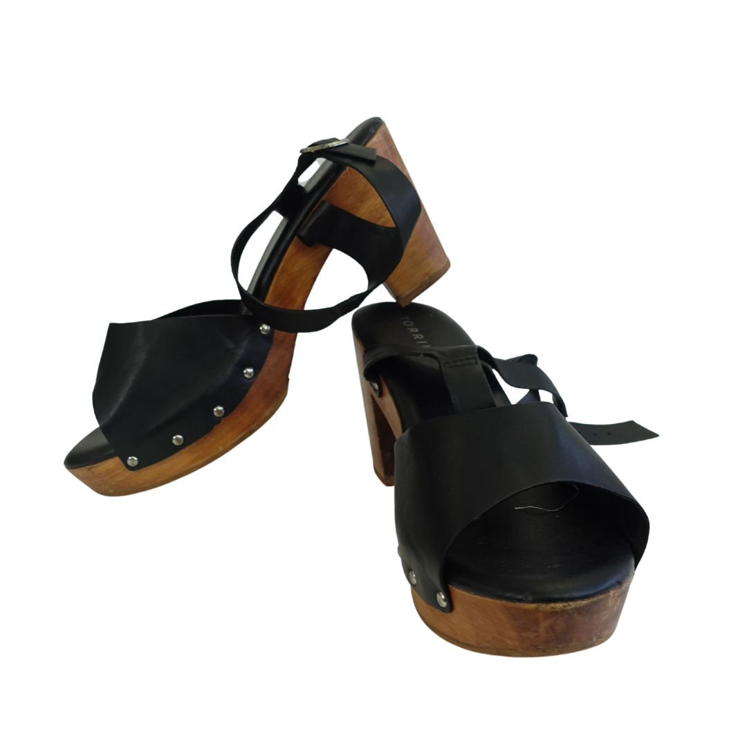 Black Faux Leather and Wood Heeled Sandals (Size 12W)