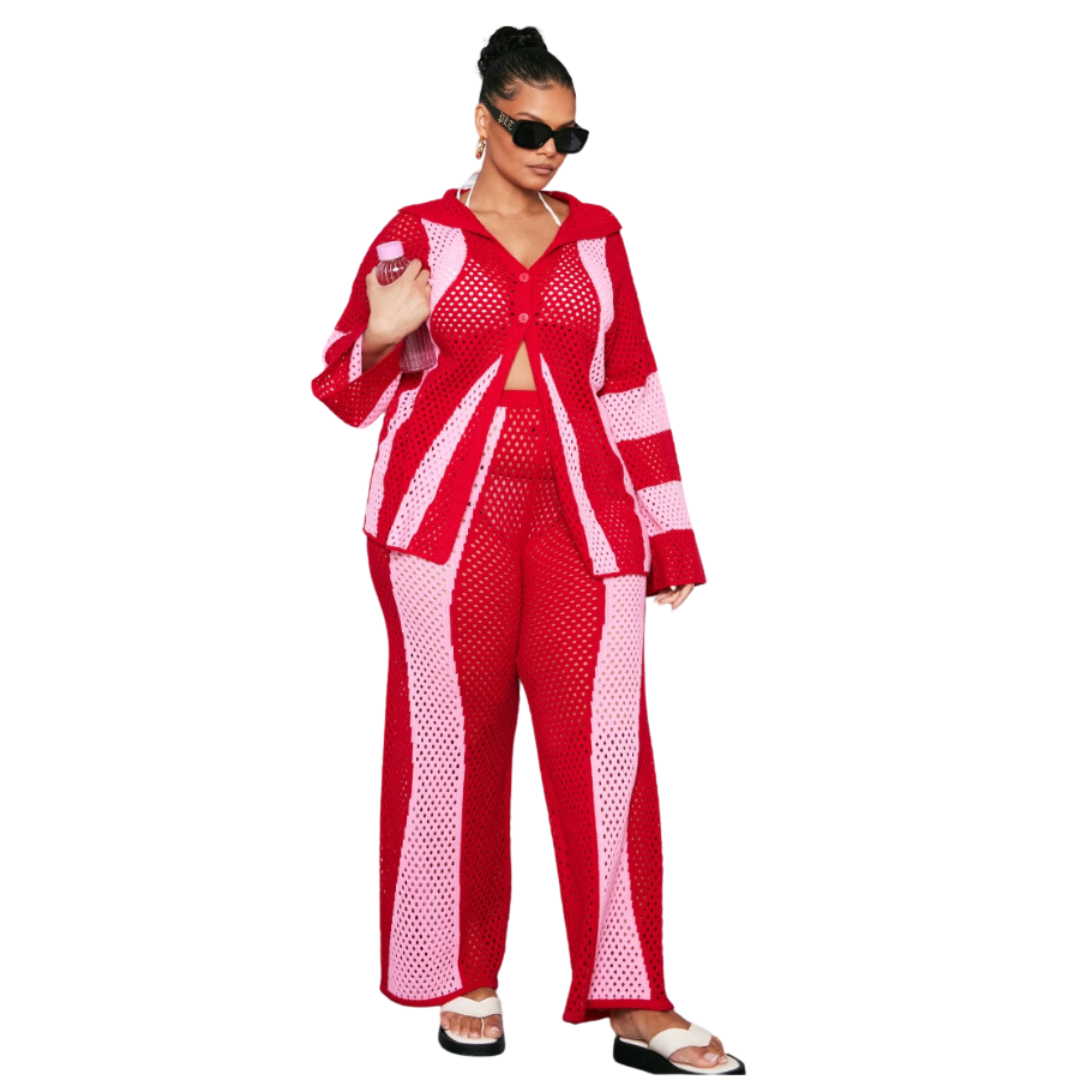 Pink and Red Stripe Open Weave Two-Piece Set
