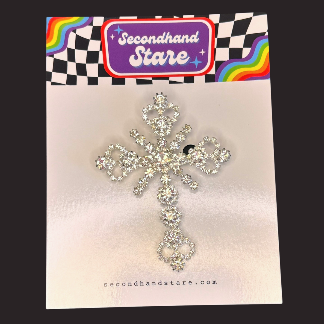 Silver Rhinestone Cross Brooch