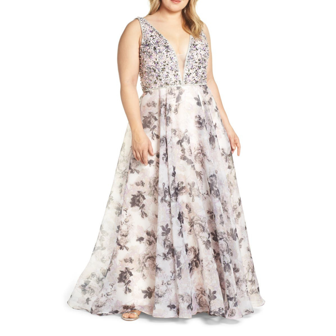 Mac Duggal Floral Blush Beaded A-Line Gown NWT