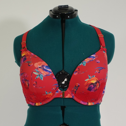 Red Floral Front Clasp Push Up Bra (42DD)