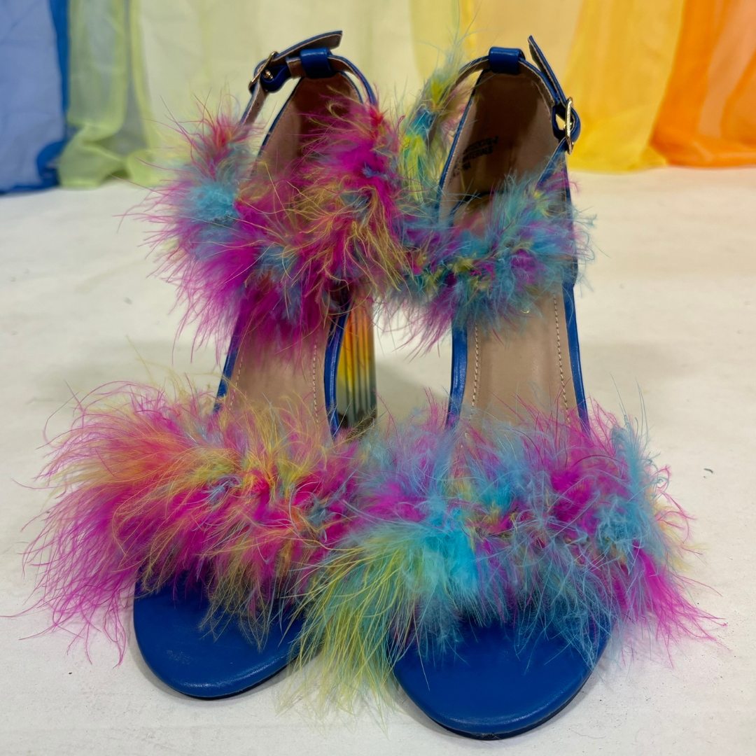 Blue Heels with Rainbow Feather Details and Clear Acrylic Heel (Size 9)