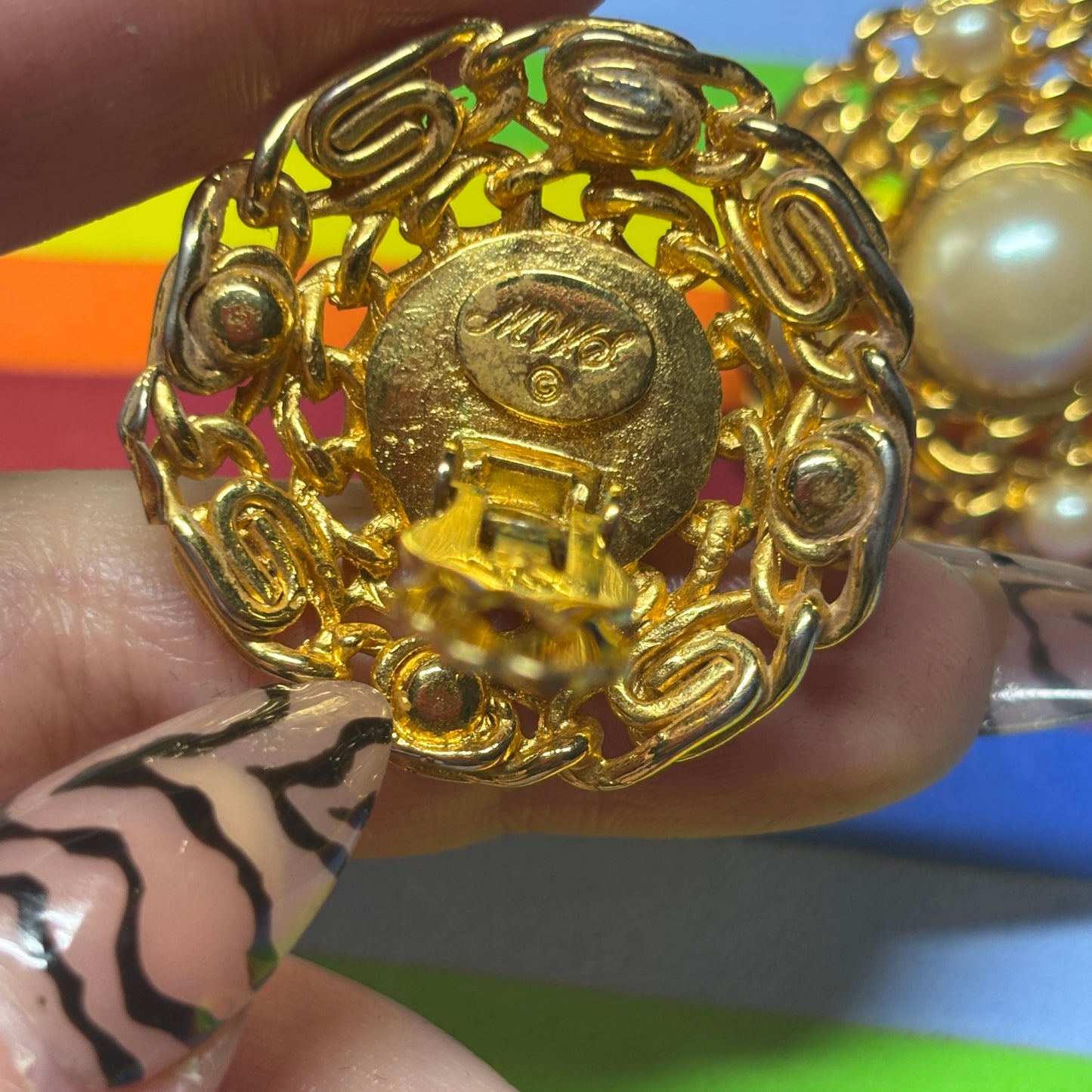 Vintage Gold Tone Chain Clip On Earrings with Faux Pearl Cabochons