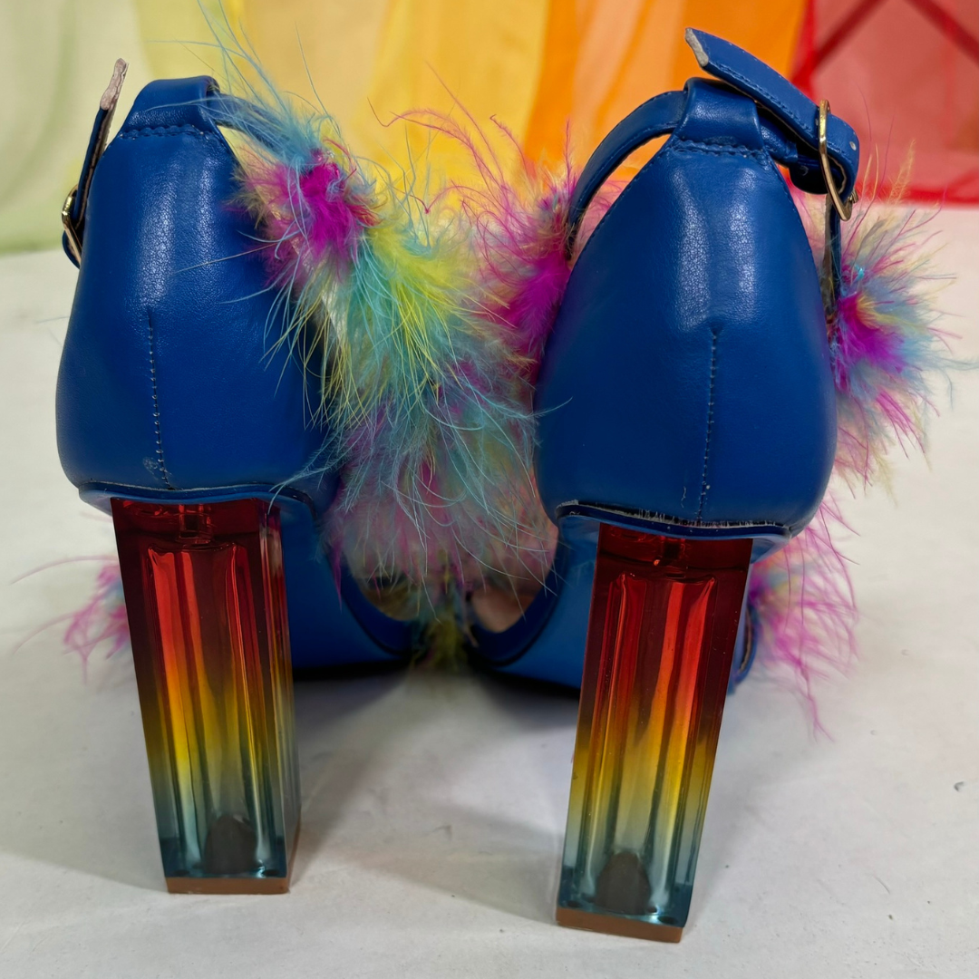 Blue Heels with Rainbow Feather Details and Clear Acrylic Heel (Size 9)