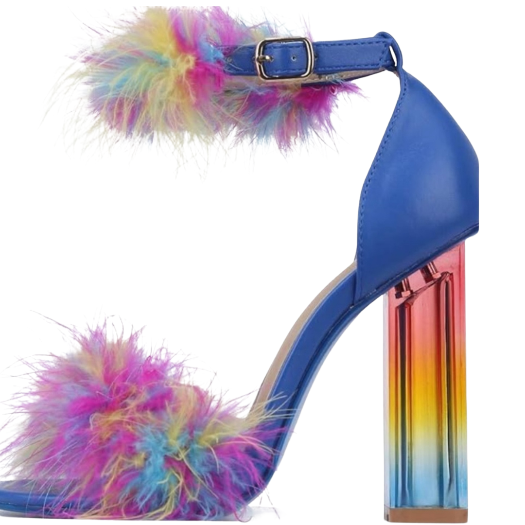 Blue Heels with Rainbow Feather Details and Clear Acrylic Heel (Size 9)