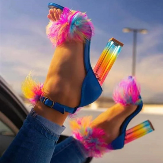 Blue Heels with Rainbow Feather Details and Clear Acrylic Heel (Size 9)