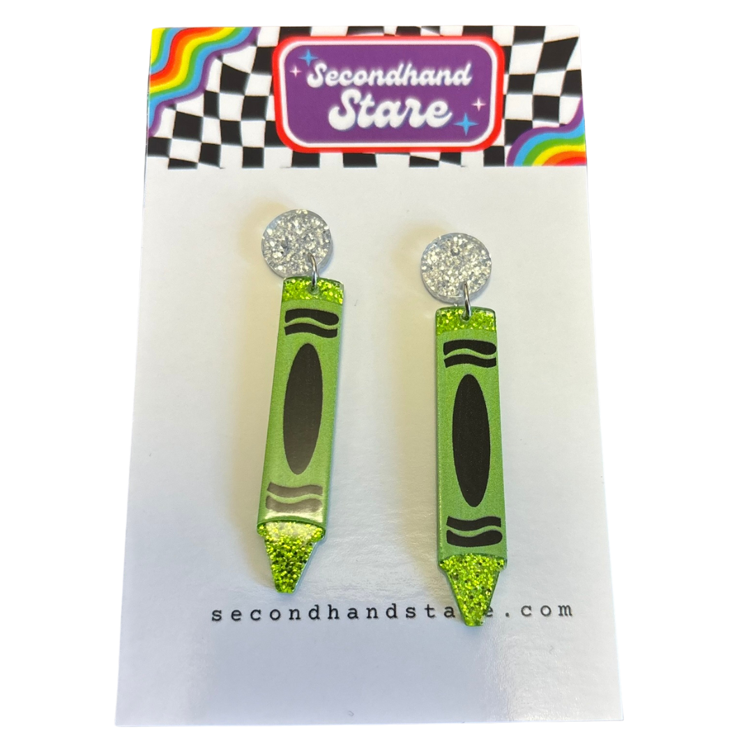 Green Glitter Acrylic Crayon Earrings