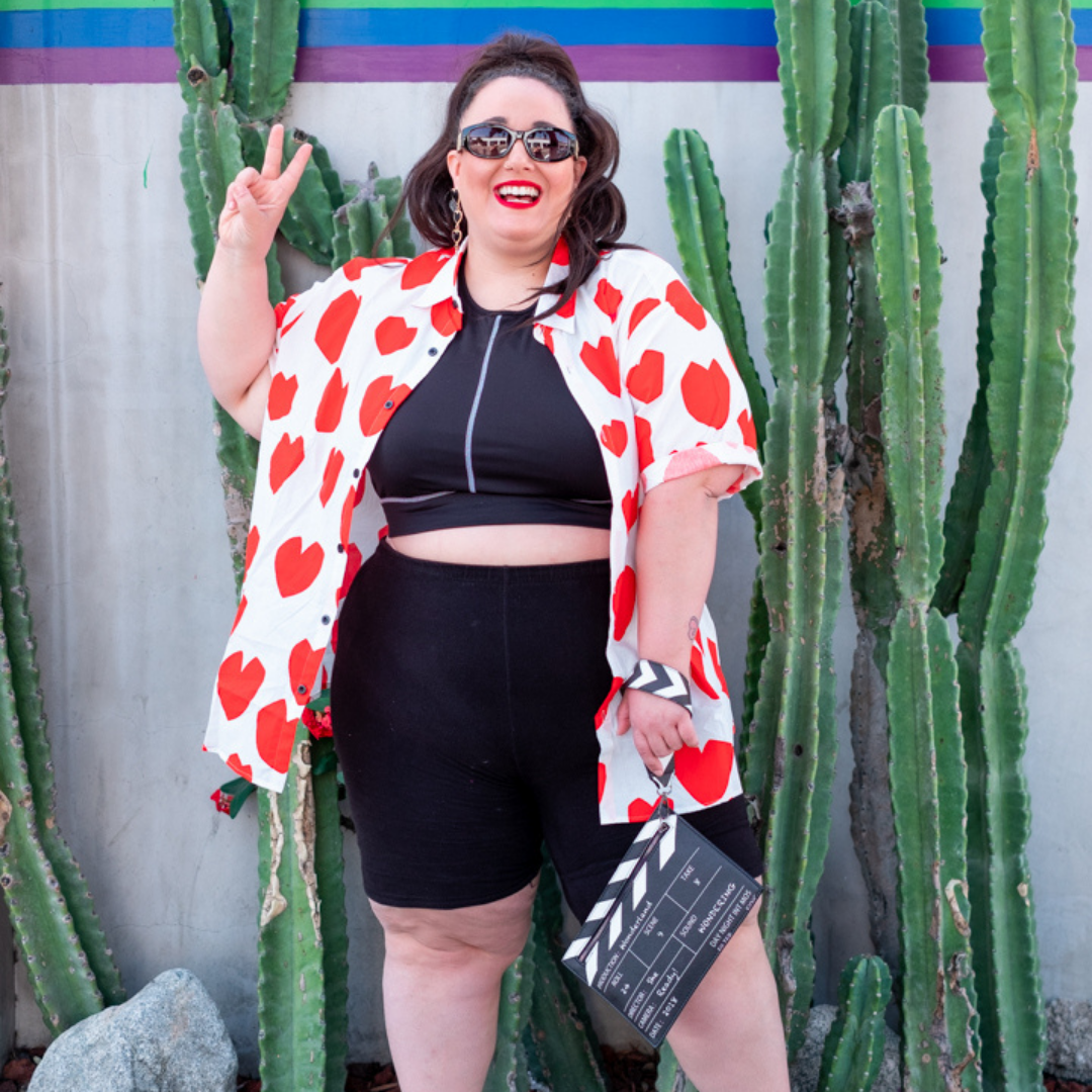 White and Red Heart Print Short Sleeve Button Down