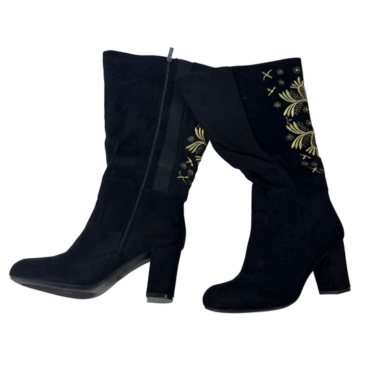 Black and Gold Knee High Heeled Boots (Size 11W/ Wide Calf)