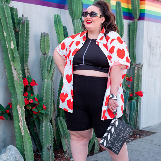 White and Red Heart Print Short Sleeve Button Down