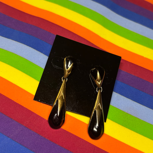Vintage Signed Monet Gold Tear Drop Dangle Earrings with Black Stones