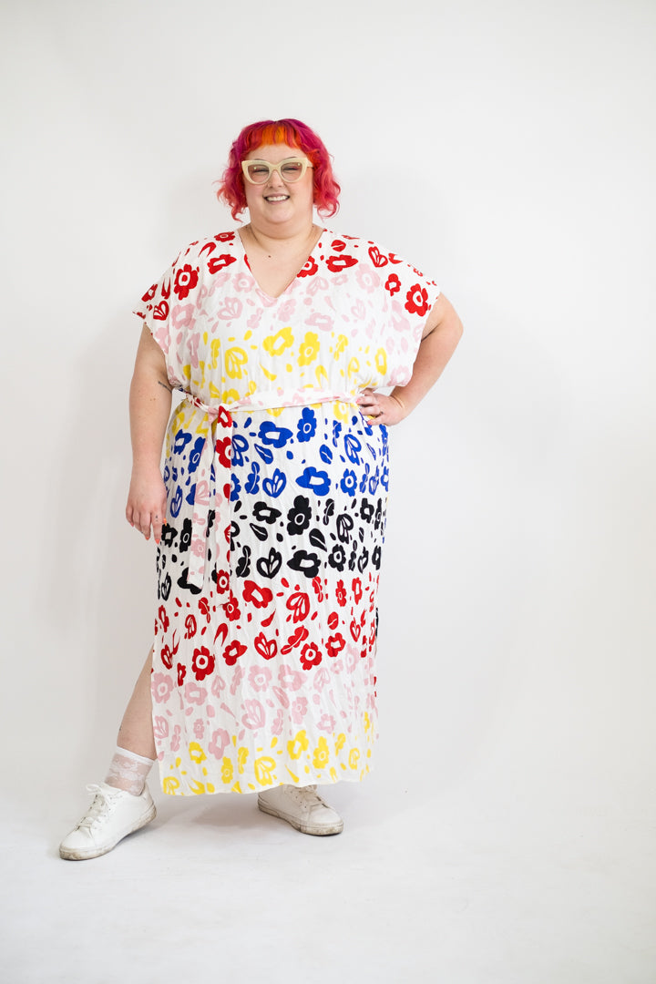 White Caftan Dress with Primary Color Floral Print