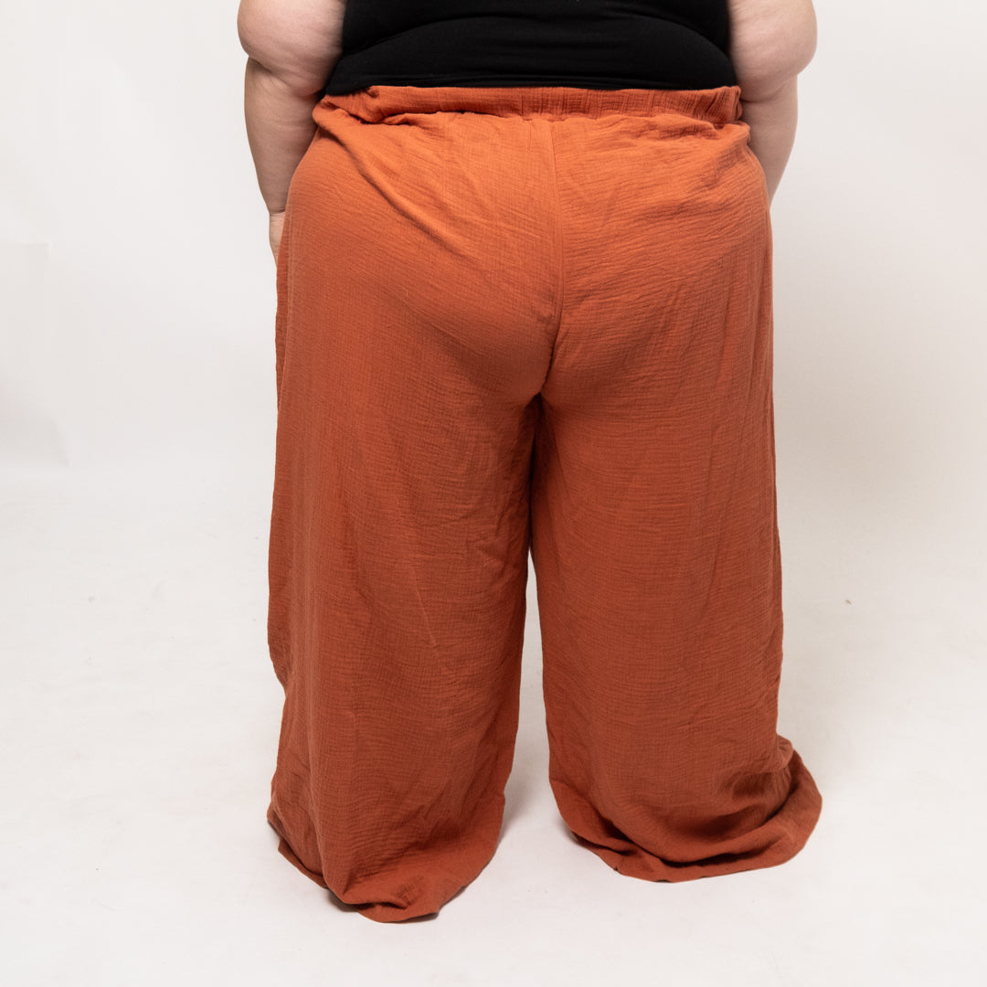 Rust Color Wide Leg Pull On Pants