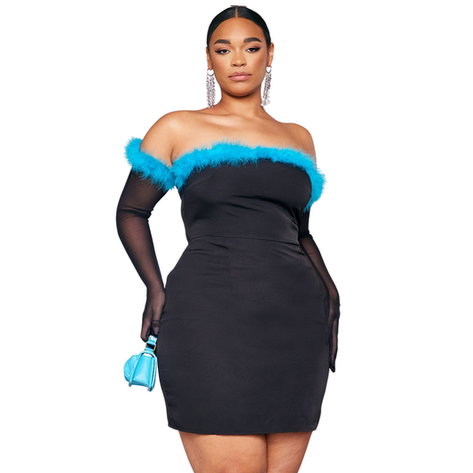 Black Tube Dress and Mesh Gloves with Blue Marabou Feather Details NWT
