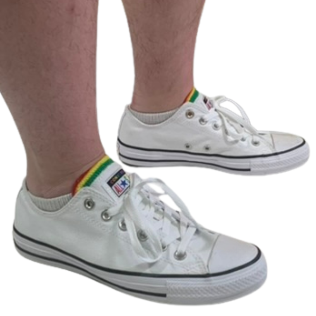 Converse White Low Top Sneakers with Rainbow Multi-Tongue (9 Women / 7 Men)