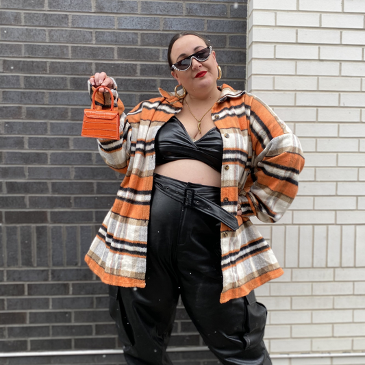 Boohoo Orange and Brown Plaid Fleece Shacket