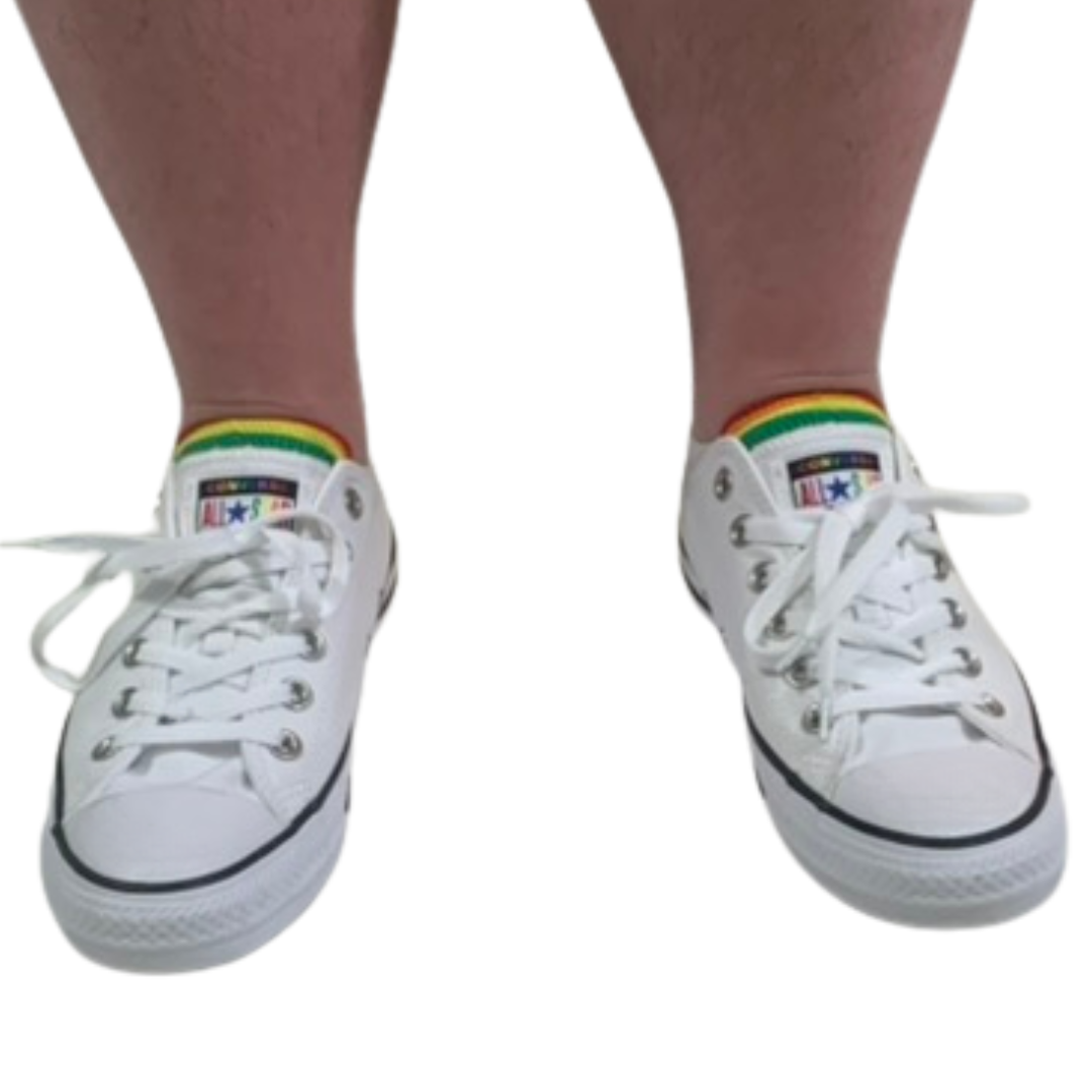 Converse White Low Top Sneakers with Rainbow Multi-Tongue (9 Women / 7 Men)