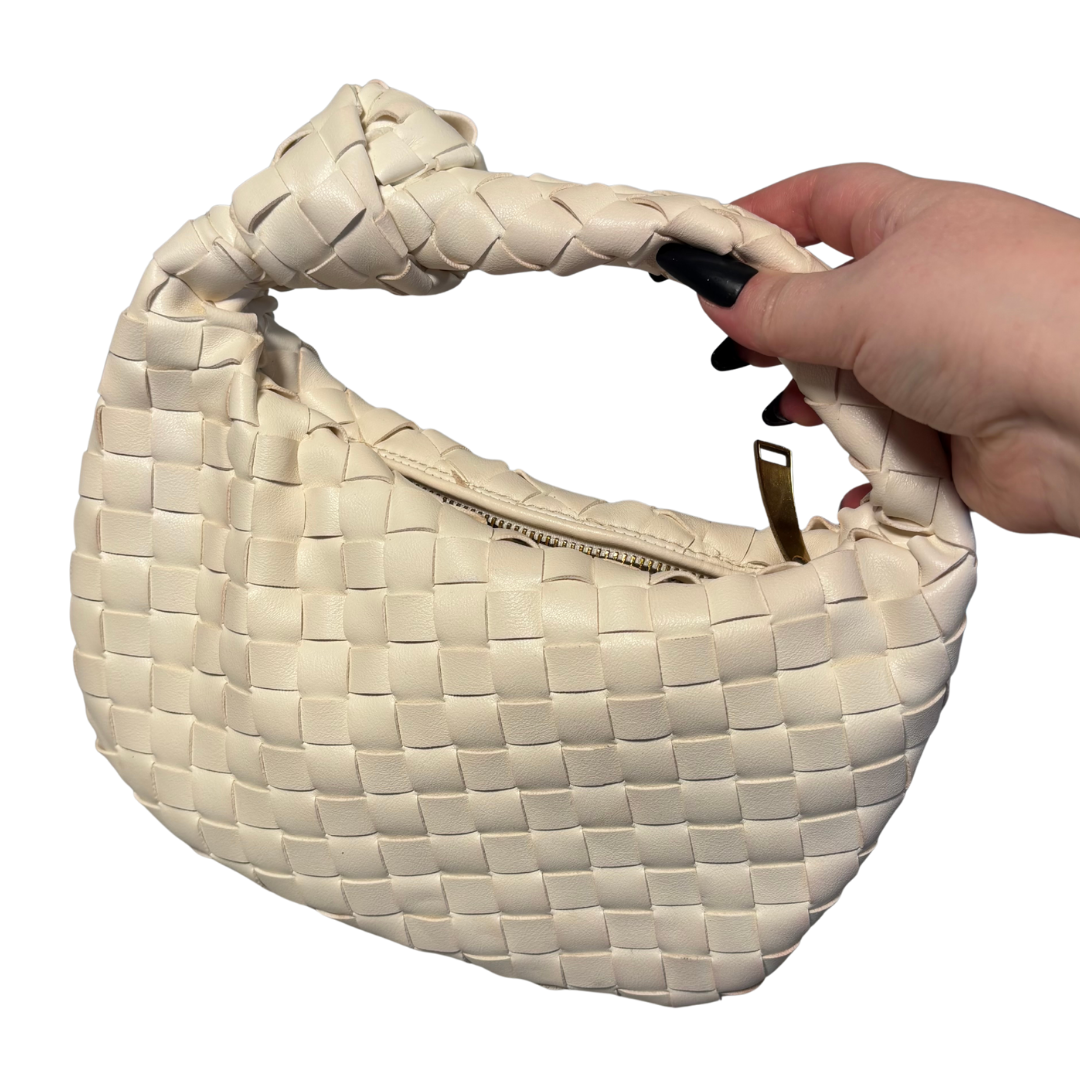 White Basket Weave Mini Purse with Knotted Handle Detail