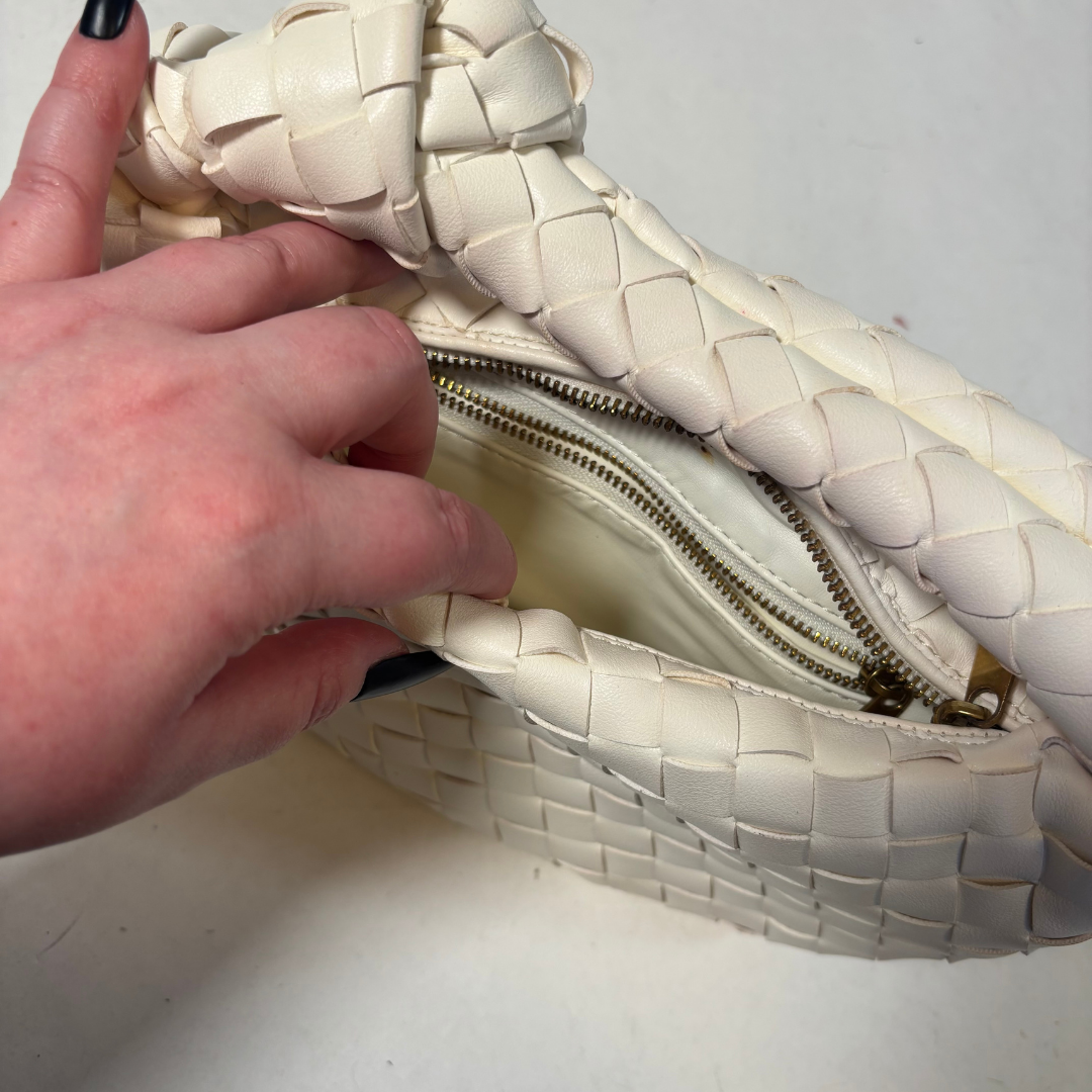 White Basket Weave Mini Purse with Knotted Handle Detail