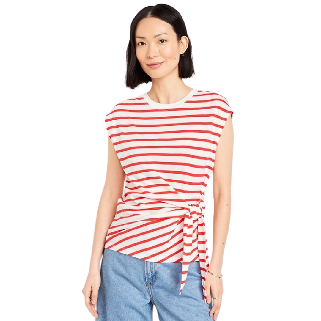 Coral and White Striped Knot Detail Tee NWT