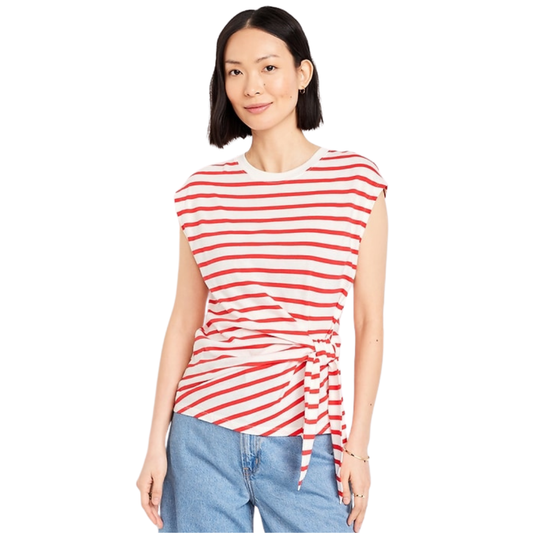 Coral and White Striped Knot Detail Tee NWT