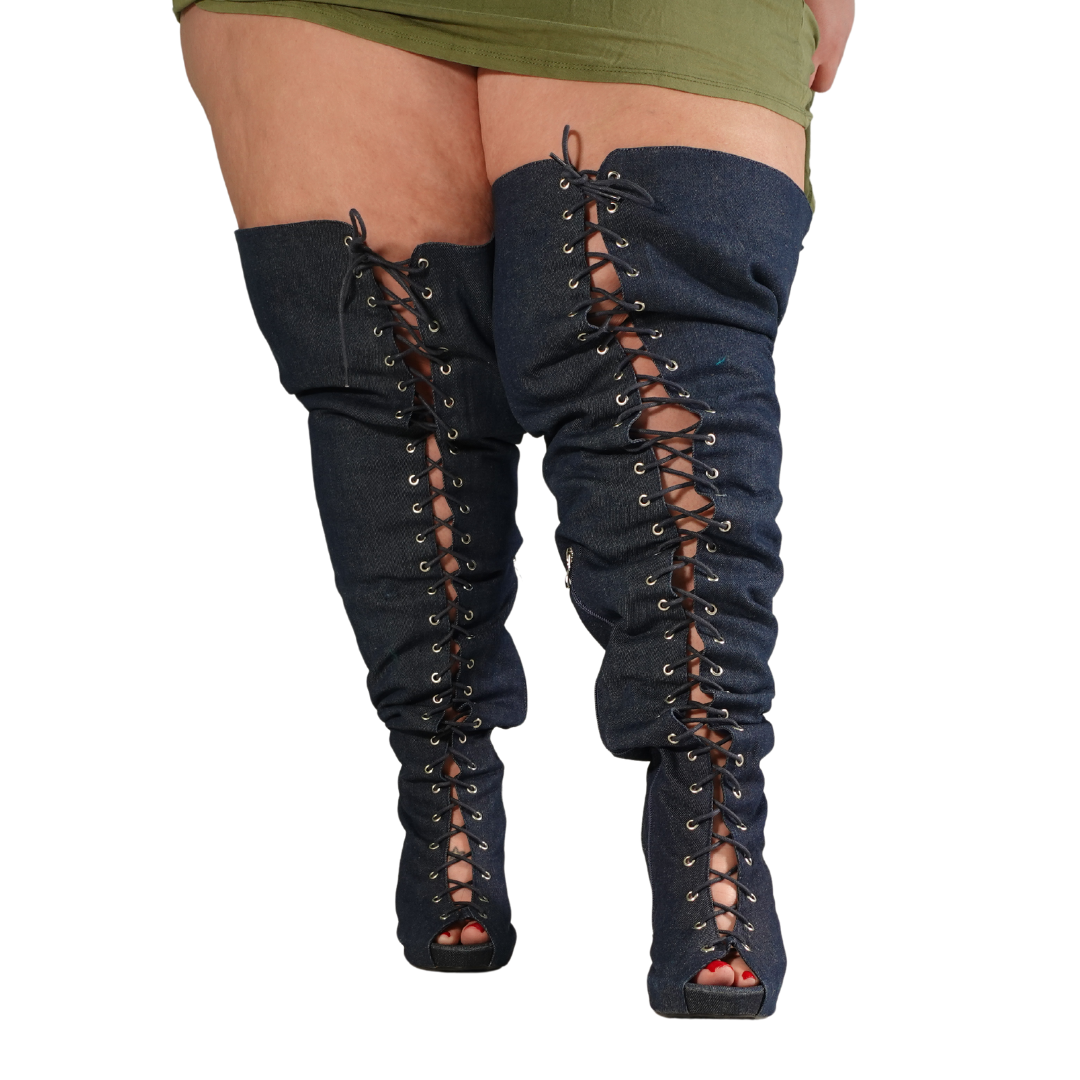 Denim Lace Up Thigh High Boots (11 Wide)