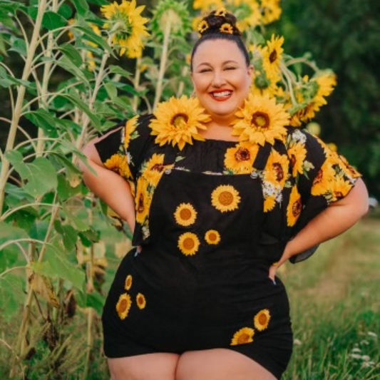 Black Corduroy Overall Shorts with Sunflower Patches