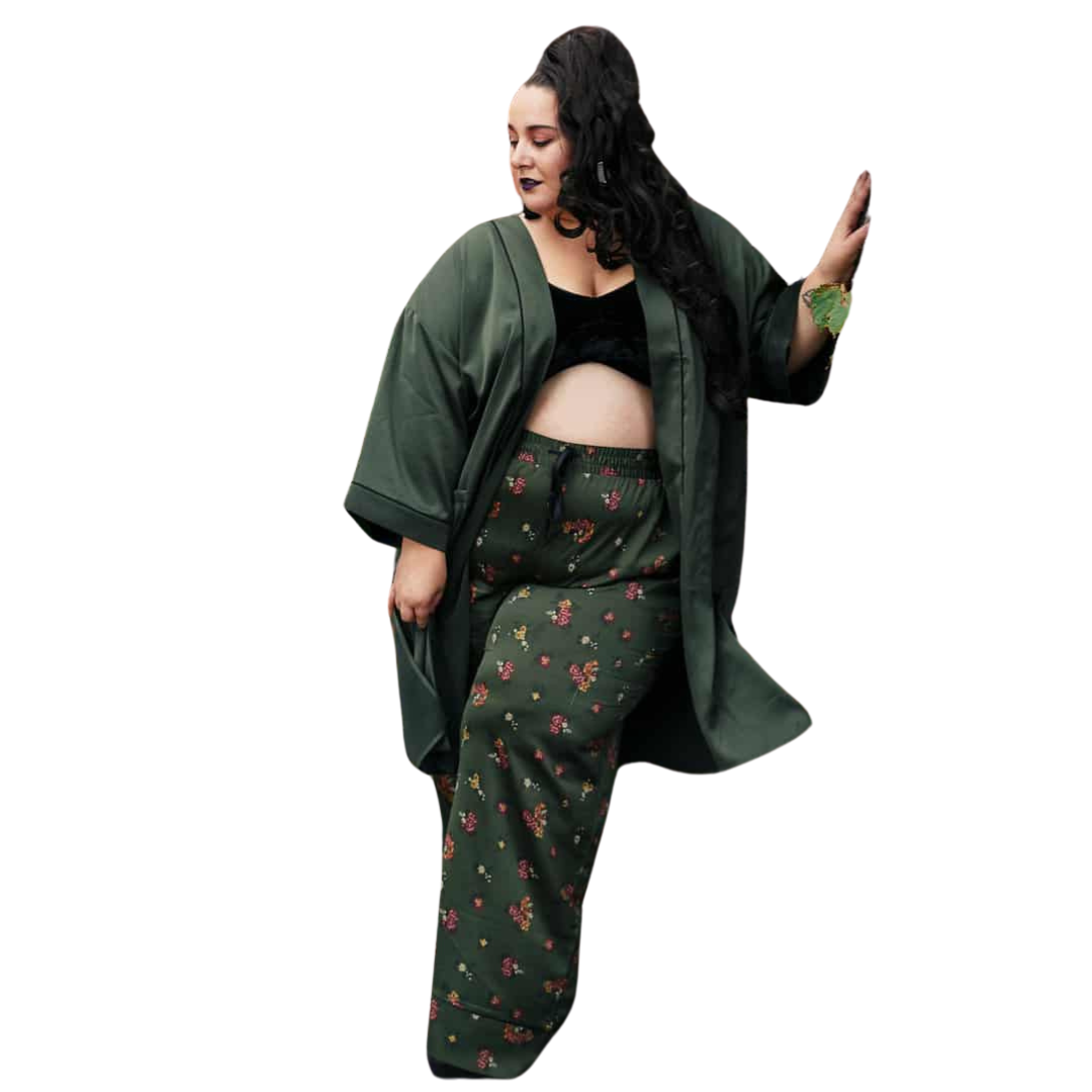 Two Piece Green Duster and Wide Leg Pant Set