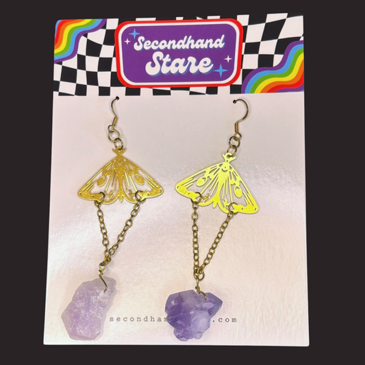 Gold Moth and Amethyst Dangly Earrings