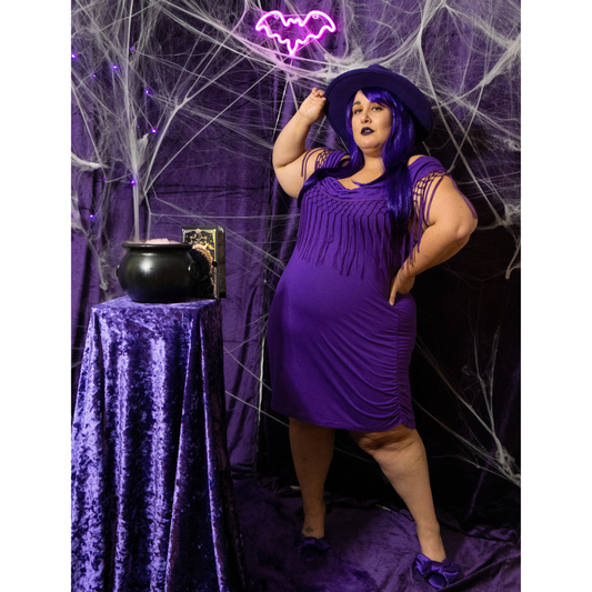 Purple Knee Length Off the Shoulder Dress with Macrame Detail NWT