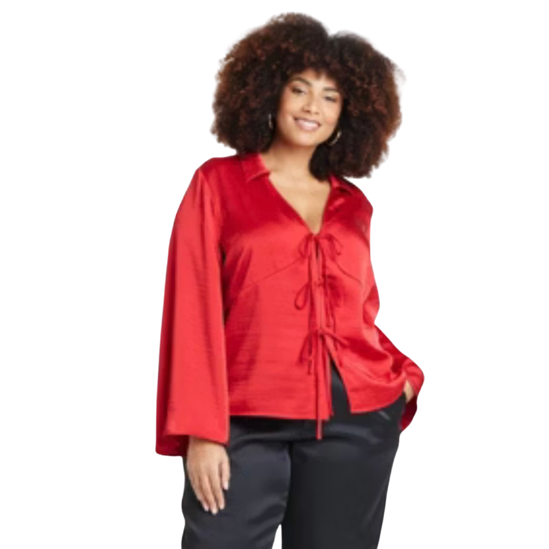 Red Collared Tie Bow Long Sleeve Top